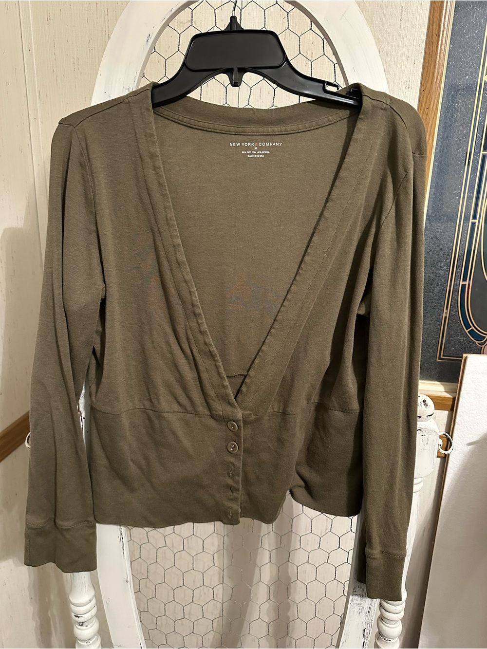 New York & Company Olive Green Deep V Button-Front Long Sleeve Top